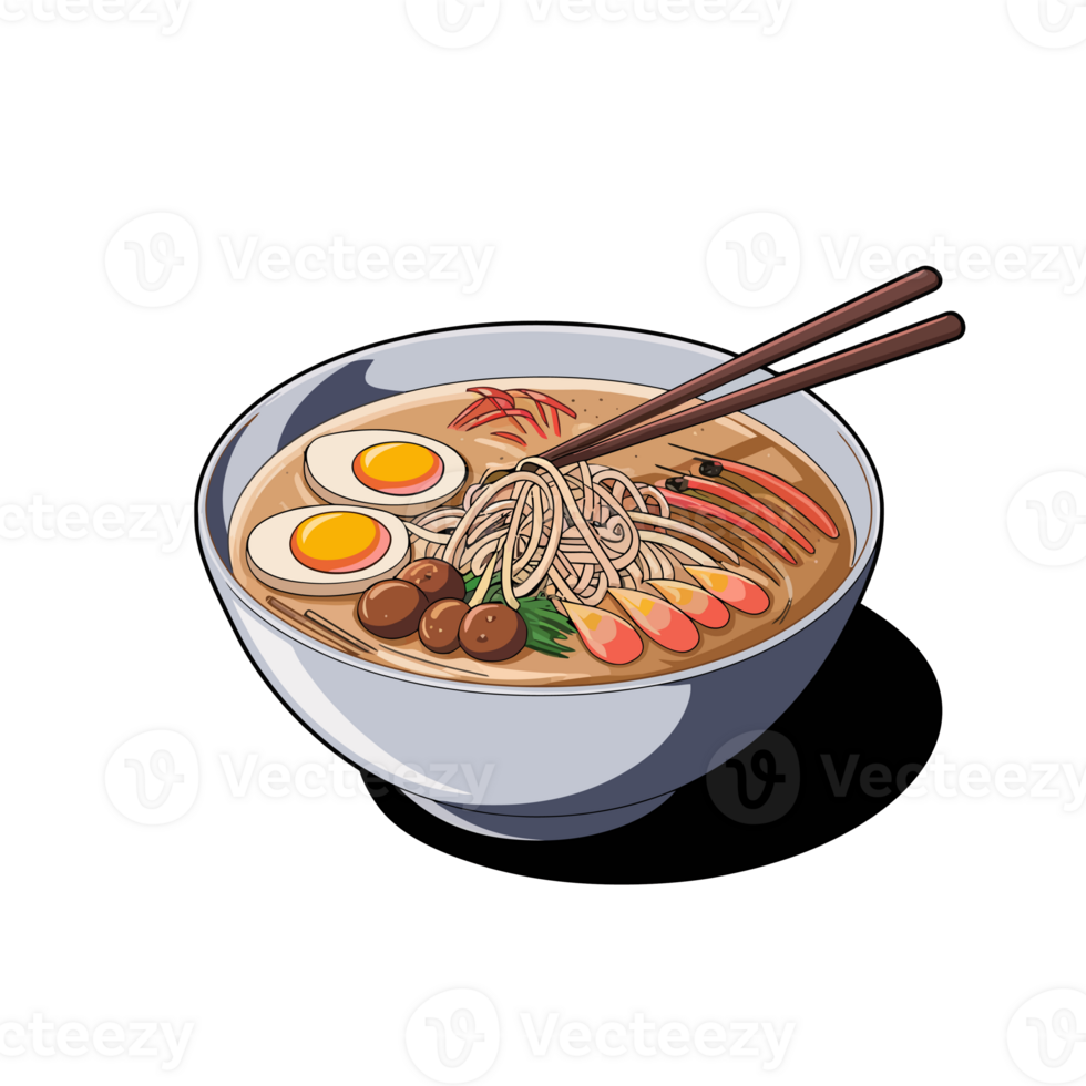 A steaming bowl of ramen is filled with noodles, sliced boiled eggs, mushrooms, and shrimp, garnished with green onions and chili cutouts png