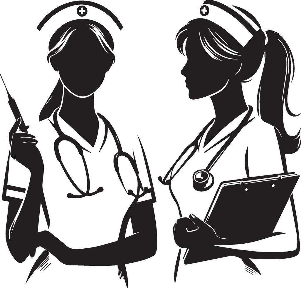 Two women in nurse uniforms holding a clipboard vector