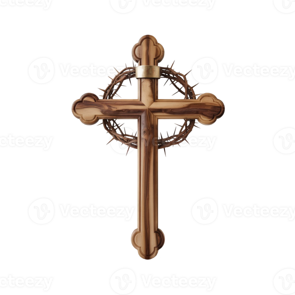 A wooden cross is adorned with a crown of thorns and a metallic band around the to cutouts png
