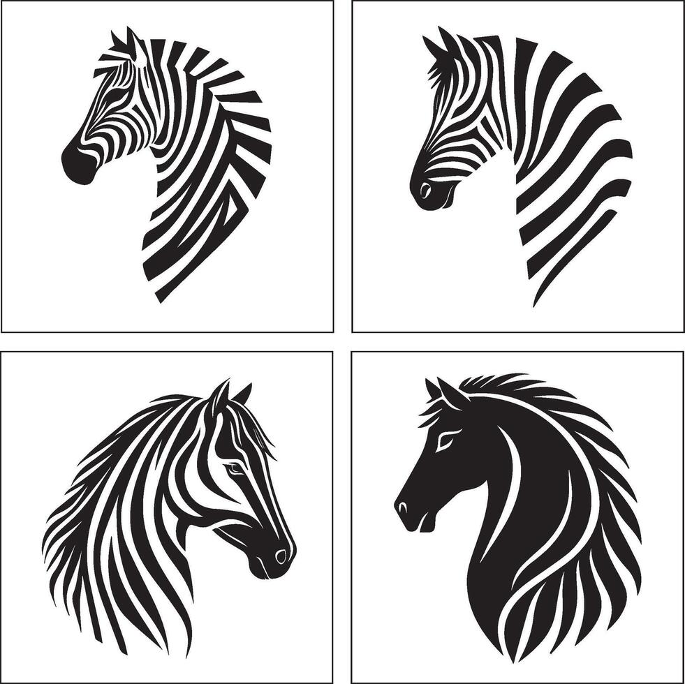 Four black and white zebra head designs vector