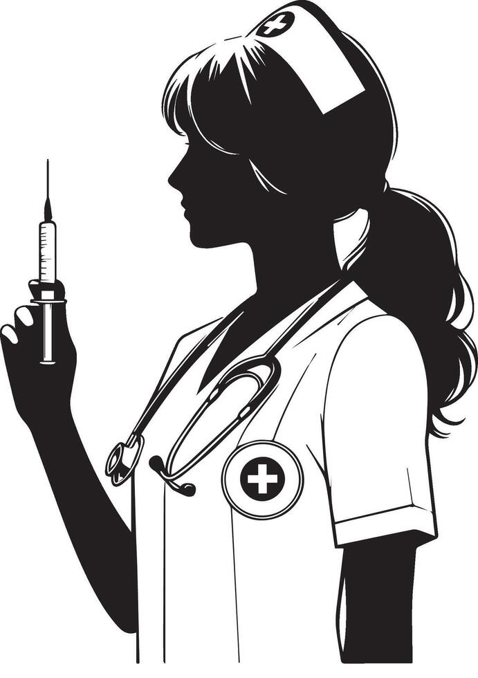 A ,Silhouette of a nurse holding a syringe vector