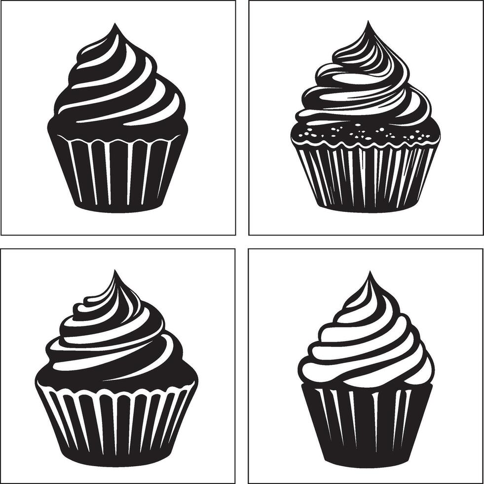 Four black and white cupcakes on a white background vector