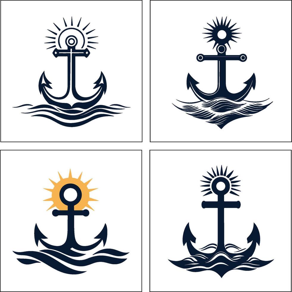 Four different anchor logos with sun and waves vector
