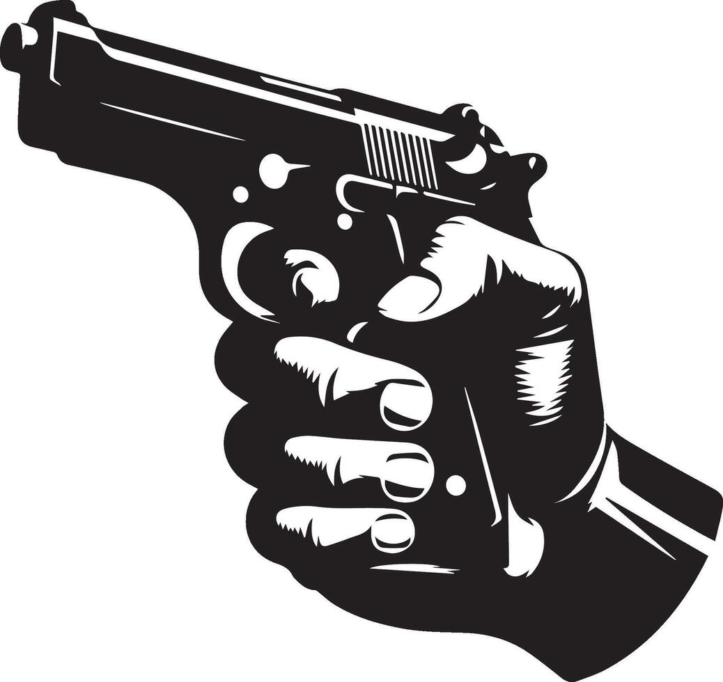 A hand holding a gun in a black and white silhouette vector