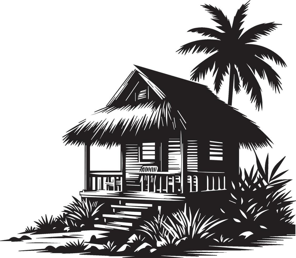 Black and white sea house illustration vector