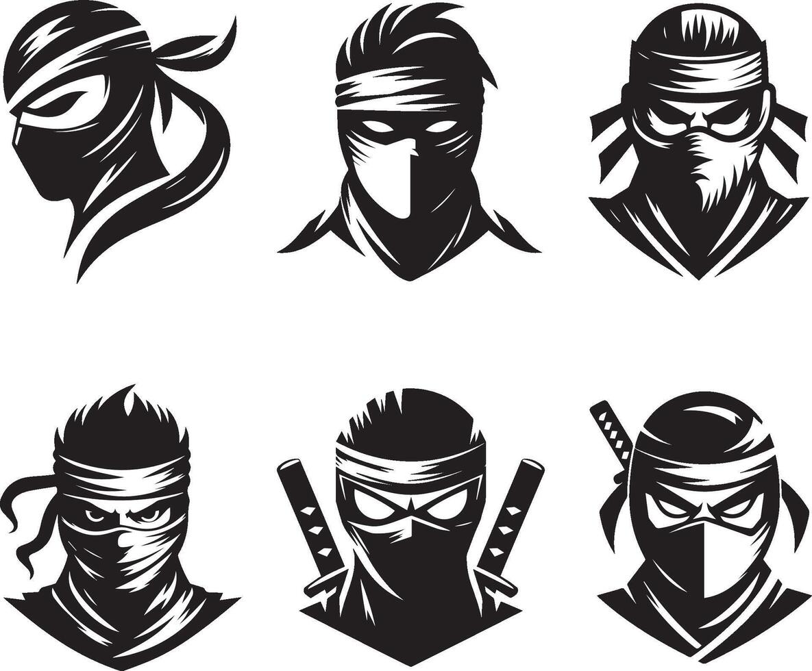 Ninja head set of black and white illustration vector