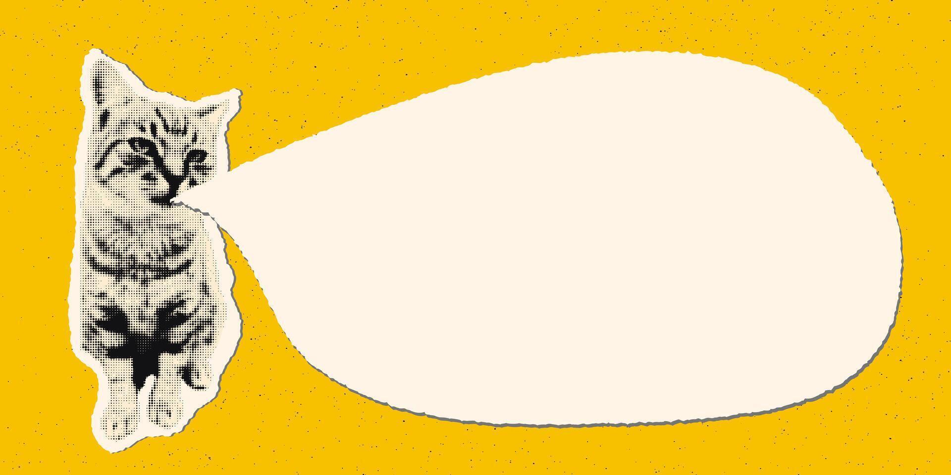 Trendy halftone art collage banner template. Cut out cat with blank empty speech bubble, vintage torn paper texture on bold yellow background. Modern retro illustration for mixed media design vector