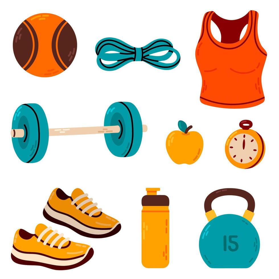 Collection of fitness and health items including dumbbell, kettlebell, sportswear, jump rope, water bottle, apple, and sneakers on white background vector