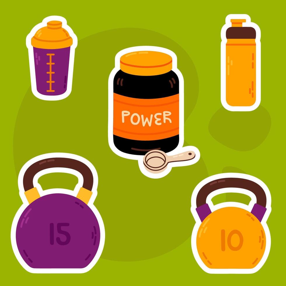 Set of fitness elements including kettlebells, protein jar, water bottles and shaker on green background vector