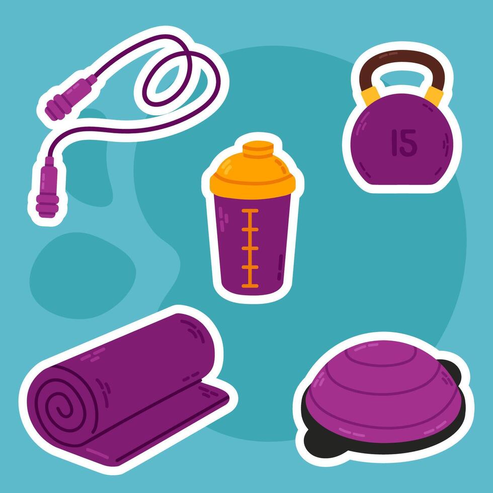 Fitness essentials including skipping rope, yoga mat, BOSU ball, shaker and kettlebell on blue background vector