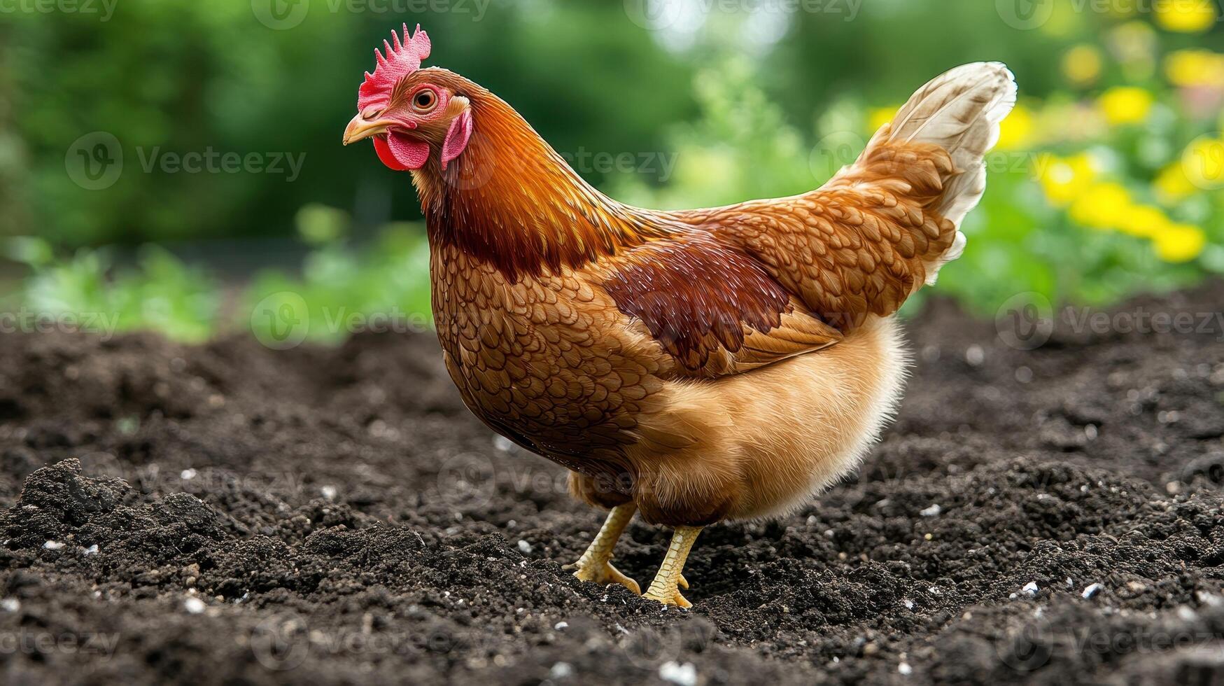 Brown hen foraging garden soil, green background, agriculture photo