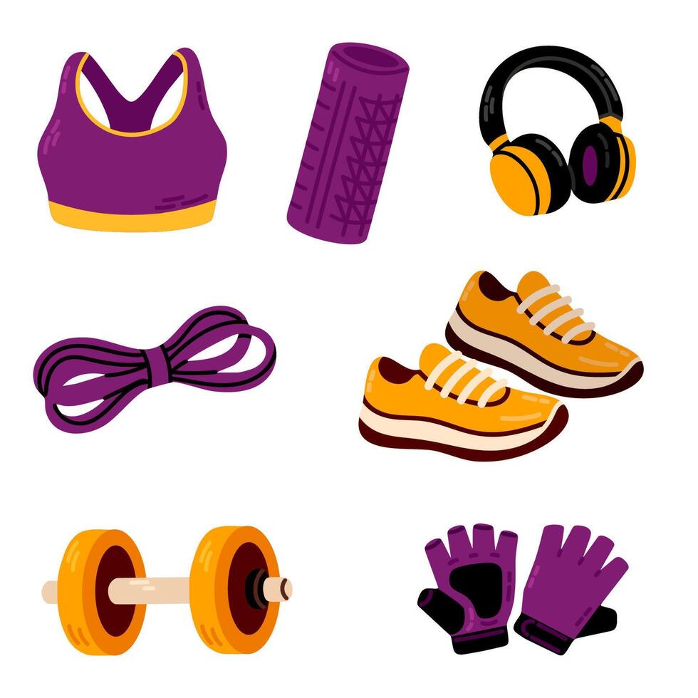 Fitness gear including sports bra, gloves, jump rope, dumbbells, water bottle, yoga mat, and sneakers for gym and training routines vector