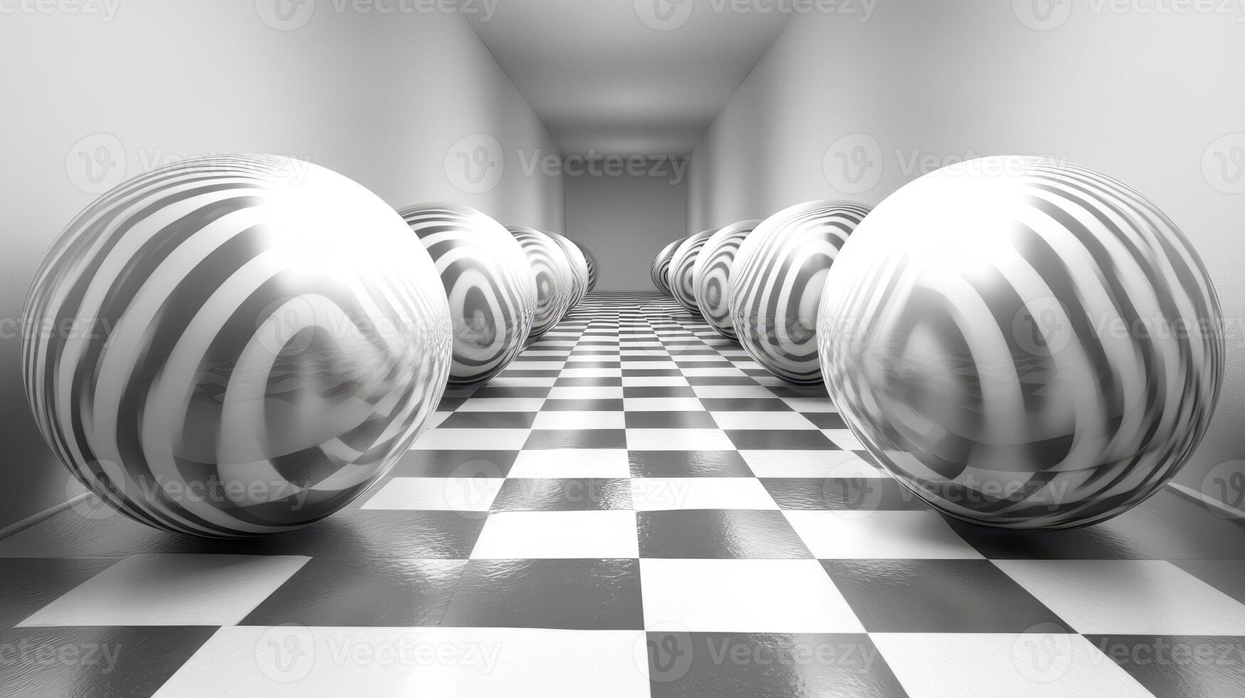 Striped spheres in a checkered hallway photo