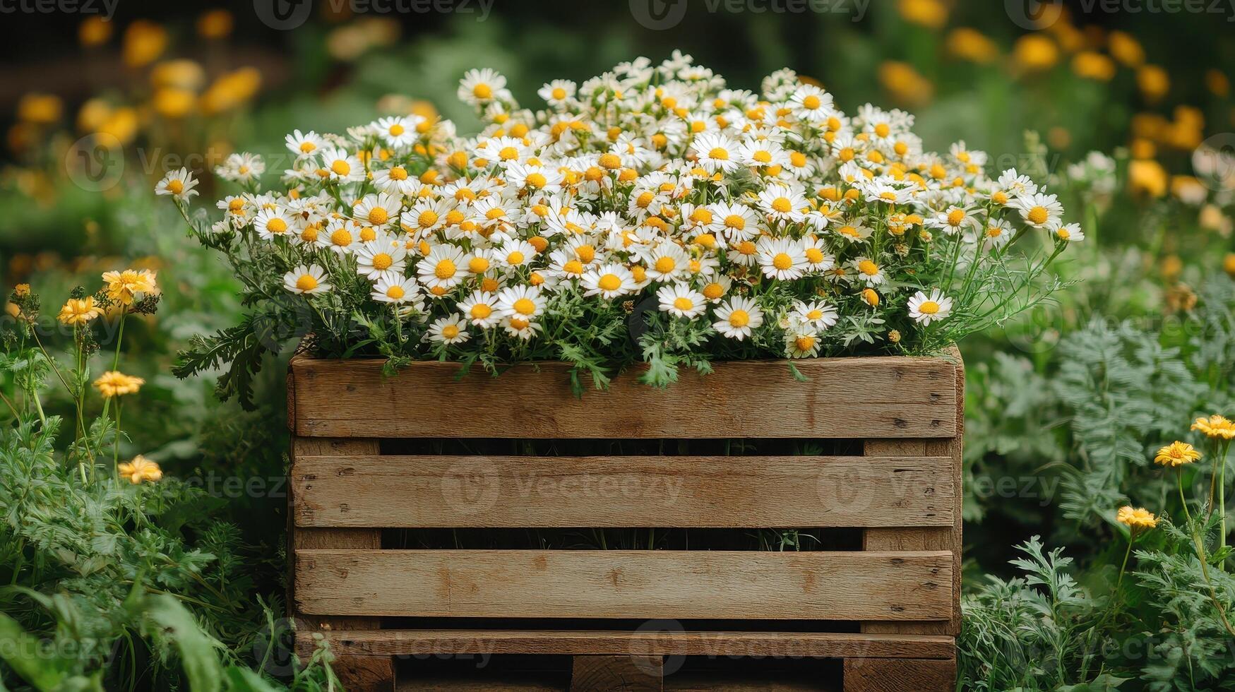 A wooden crate filled with daisies in a field photo