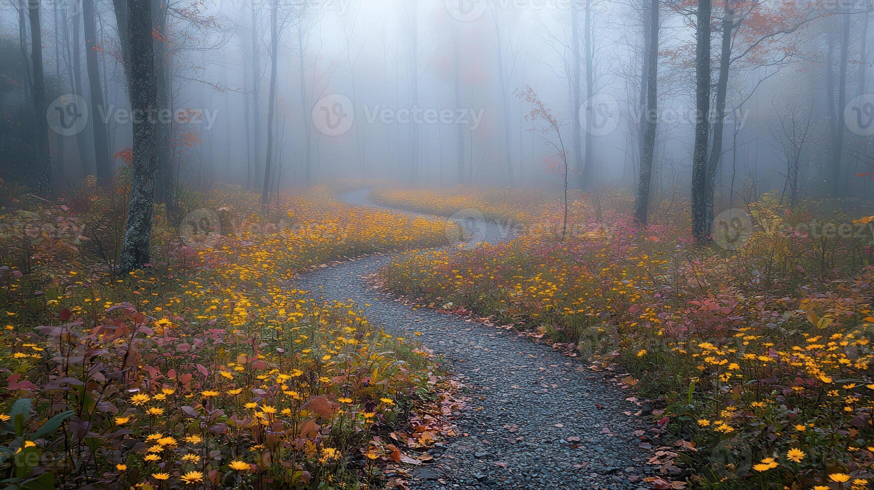 Winding path through autumnal forest, foggy morning, nature scene photo