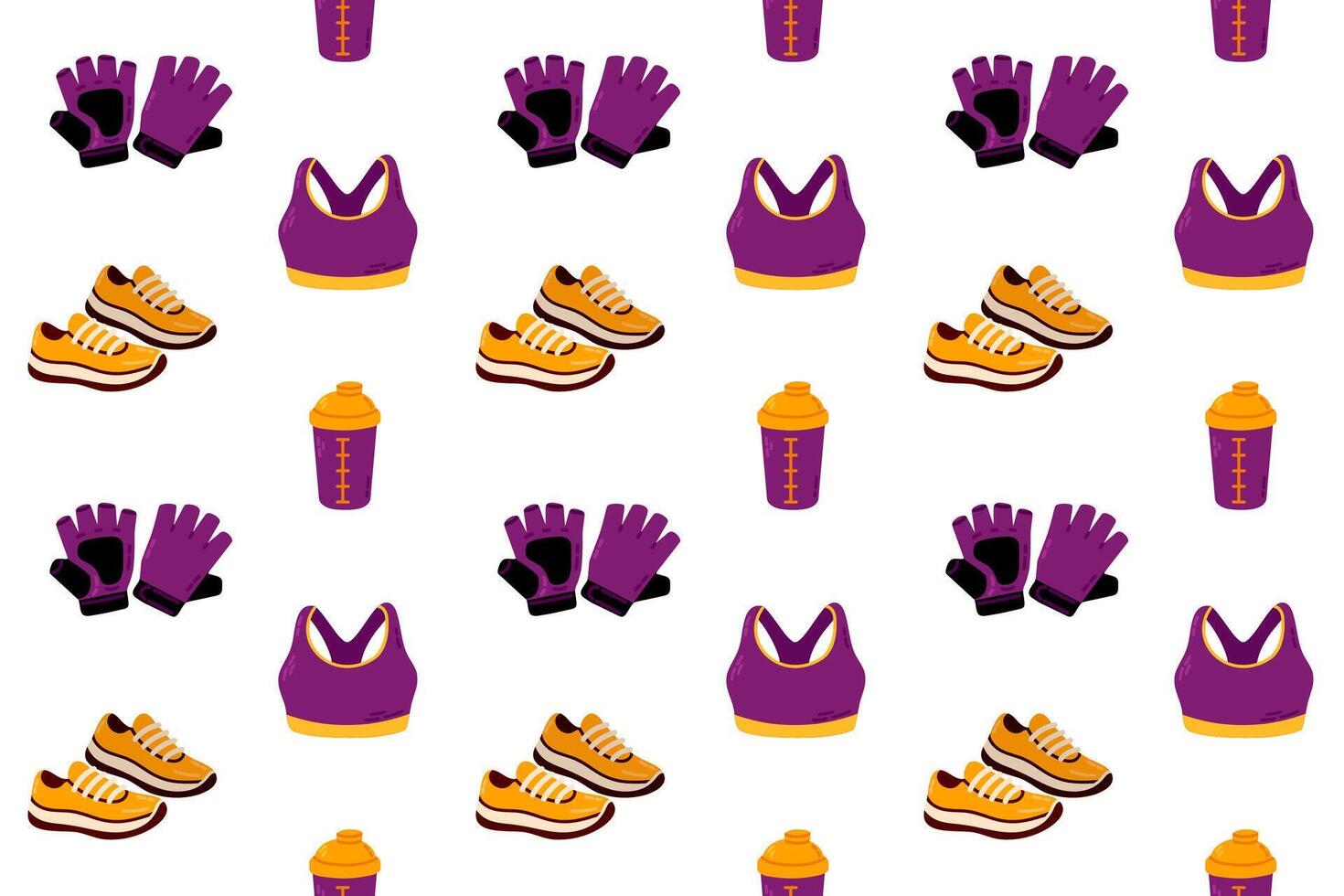Repeating sportswear pattern with bra, gloves, sneakers, shaker bottles and rope, representing fitness, gym training and active lifestyle vector