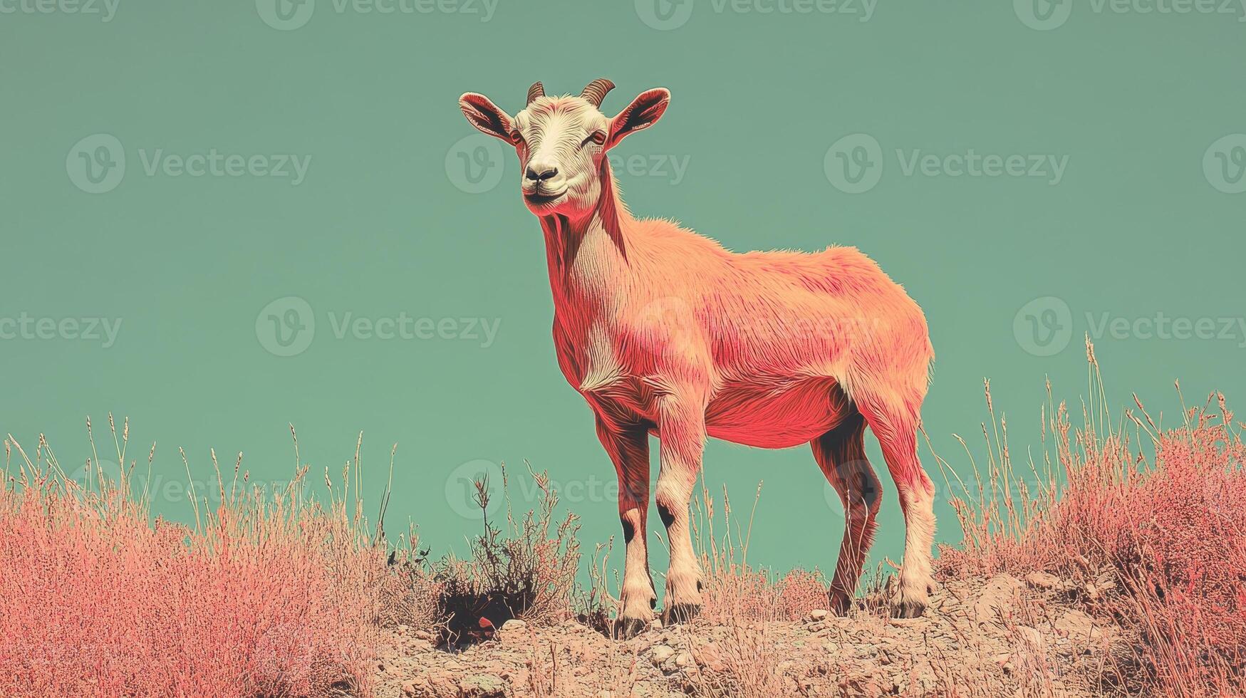 Pink goat grazing hillside, serene landscape, pastoral scene, stock photo