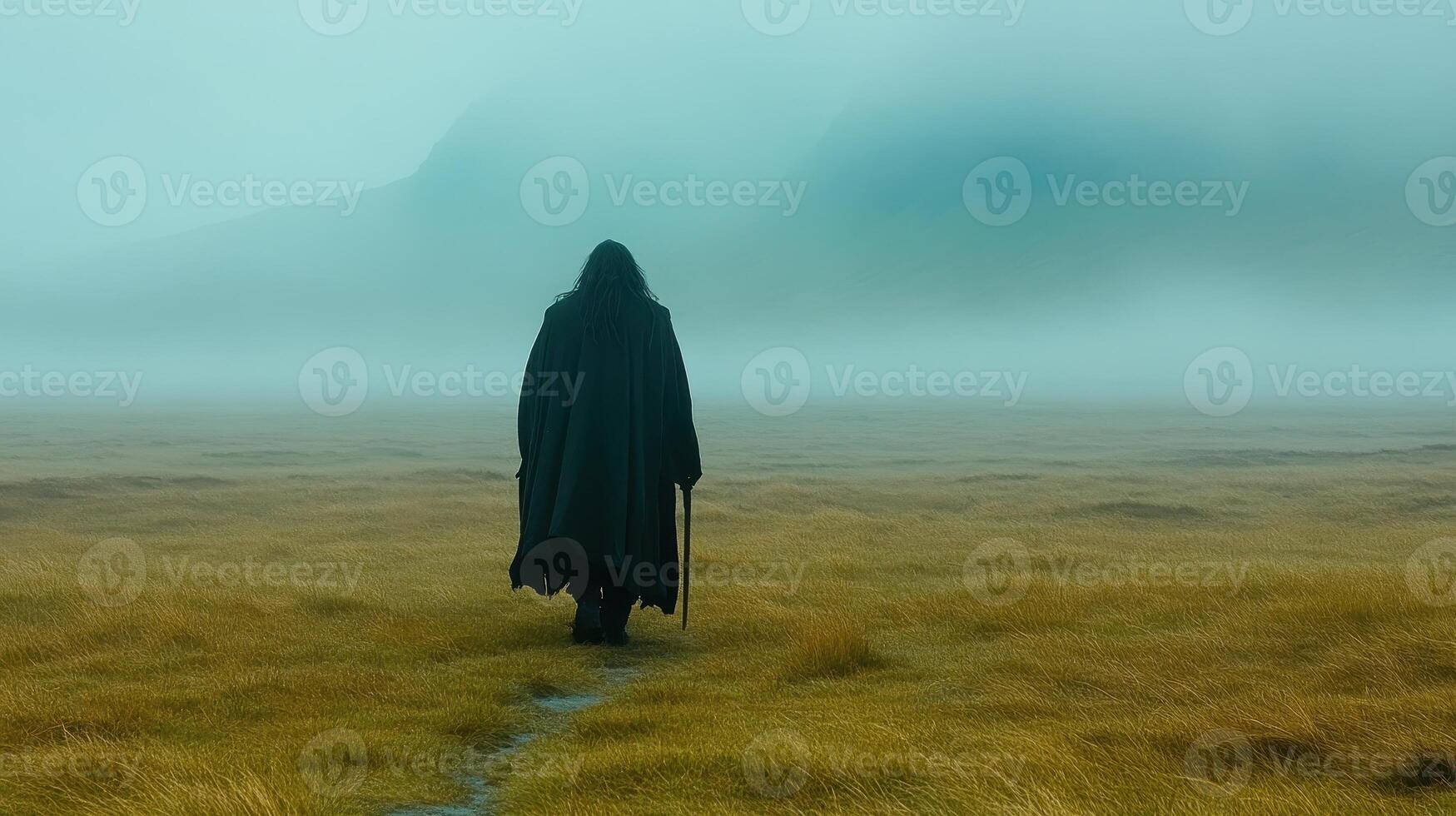 A person in a black cloak walking through a field photo