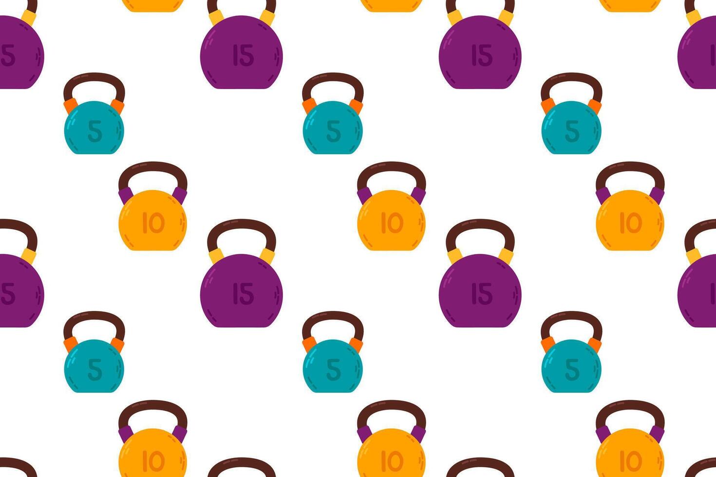 Seamless cartoon pattern of colorful kettlebells in different weights and colors on white background vector