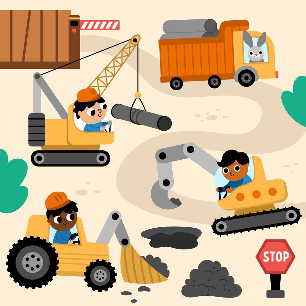 construction site landscape illustration. Scene with kid drivers in tractor, truck, crawler digger, crane building or repairing track. Repair service, road work square background with funny vehicles vector