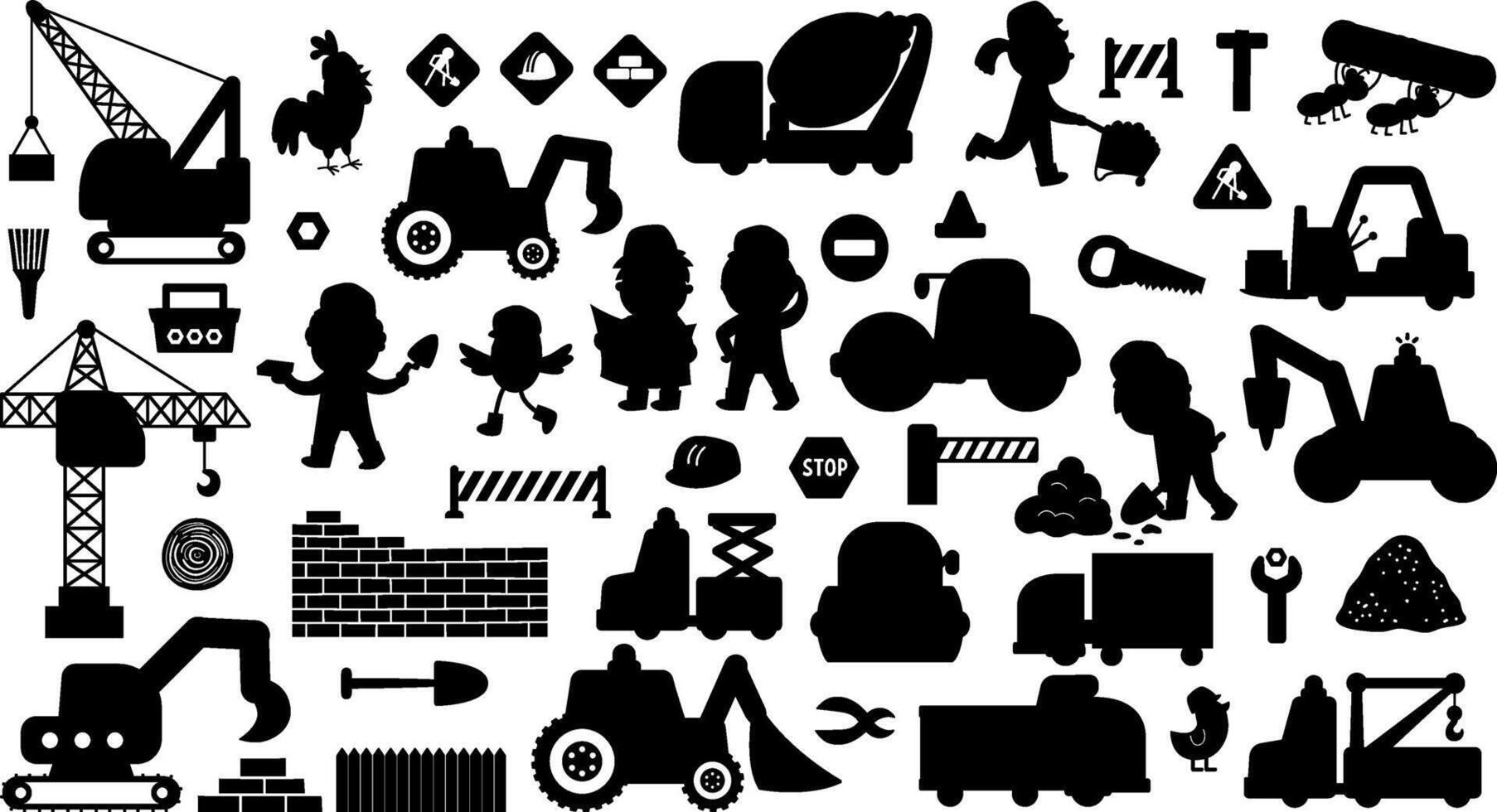 Big construction site and road work silhouettes set. Building shadow icons collection with funny kid builders, transport, bulldozer, tractor, crawler crane. Cute repair service black illustrations vector