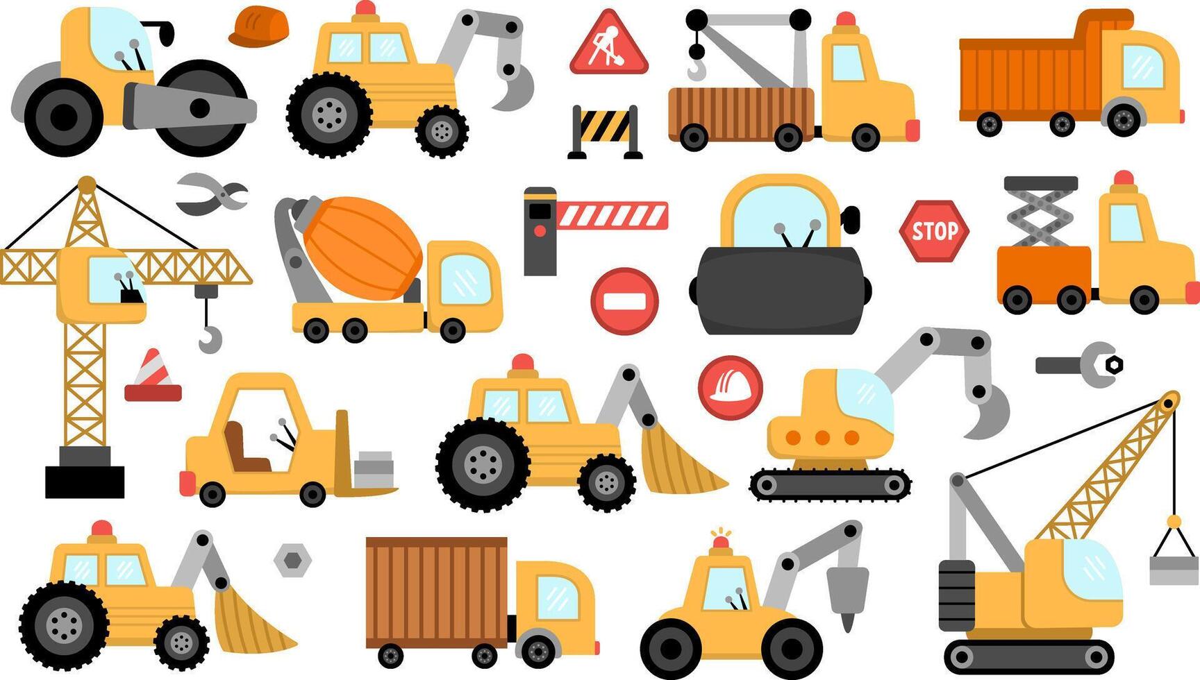 Big special transport set. Construction site, road work, building transport icons with bulldozer, tractor, truck, crawler crane, loader, digger, concrete mixer. Cute repair service vehicles vector