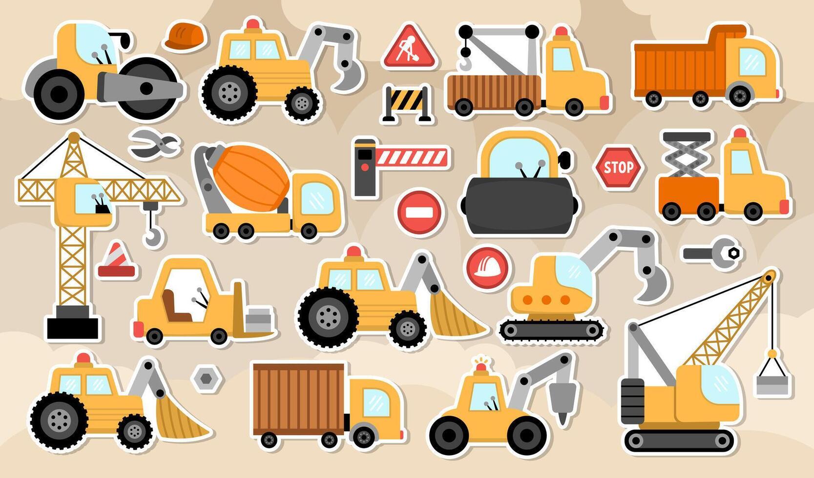 Big special transport stickers set. Construction site, road work, building transport icons with bulldozer, tractor, truck, crawler crane, digger, concrete mixer. Cute repair service vehicles vector