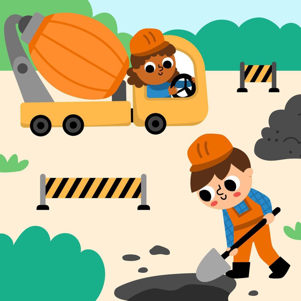 road work landscape illustration. Scene with kid driver in concrete mixer and worker digging a hole. Cute repair service or construction site square background with funny vehicle vector