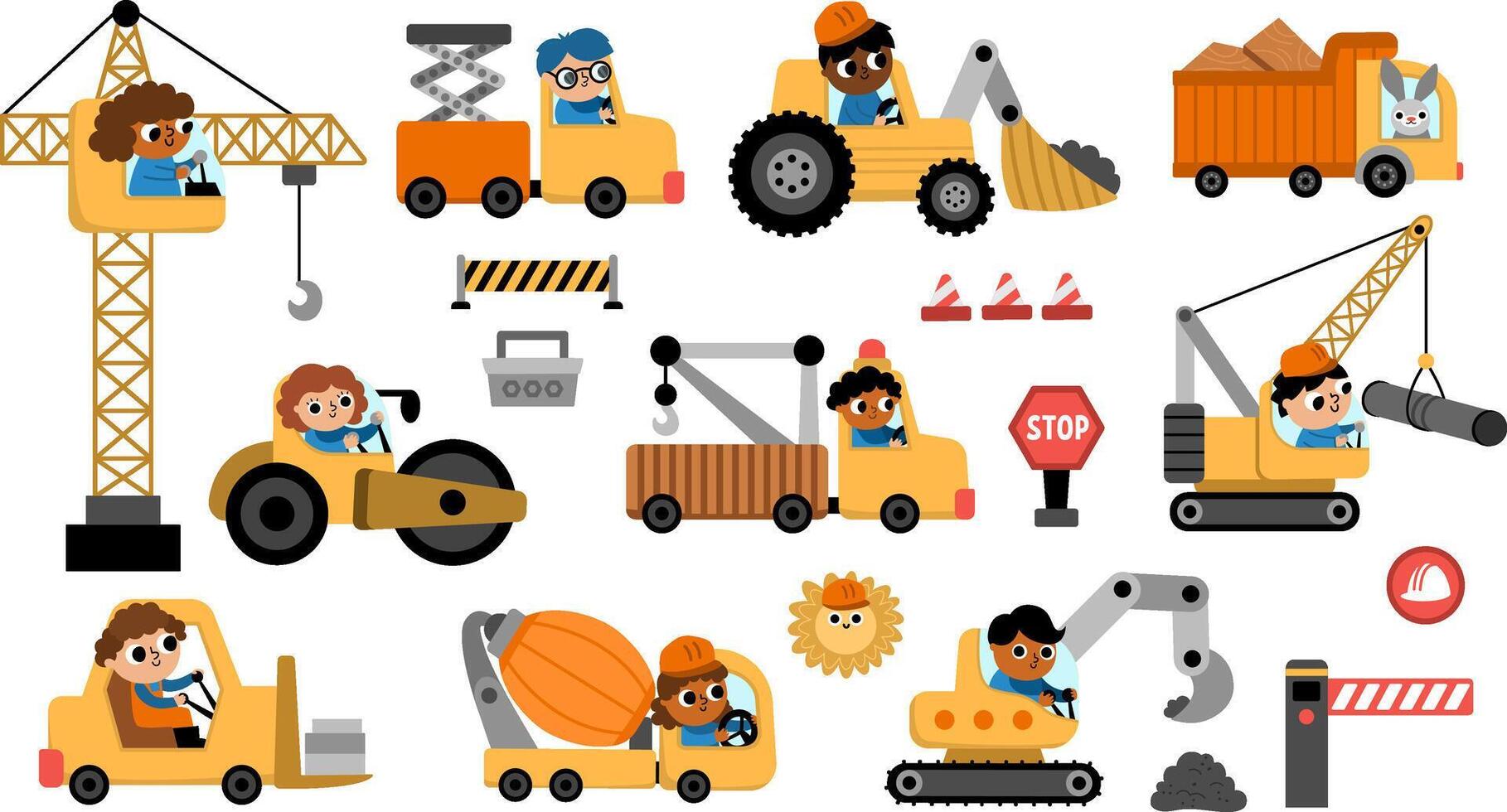 special transport set with drivers. Construction site, road work, building transport icons with bulldozer, tractor, truck, crawler crane. Cute repair service vehicles illustrations for kids vector