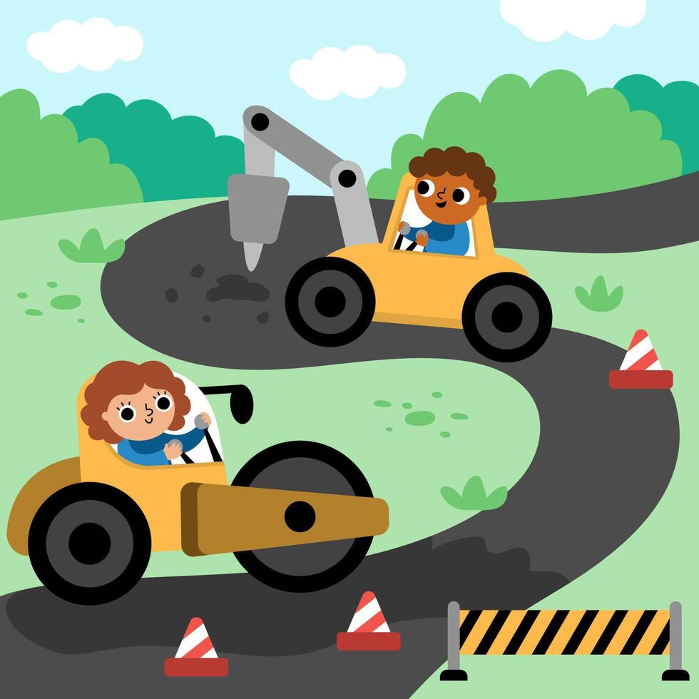 road work landscape illustration. Scene with kid drivers in roller car and digger building or repairing track. Cute repair service or construction site square background with funny vehicles vector