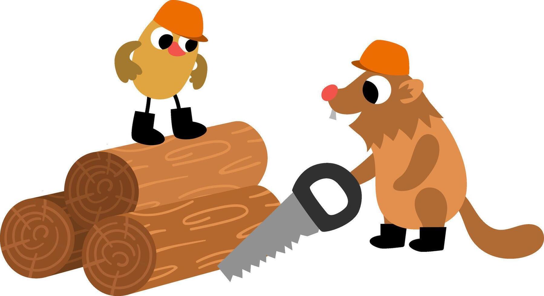 bird in hard hat standing on the log near builder beaver with saw. Construction site workers illustration for kids with funny characters. Cute repairmen icon isolated on white background vector