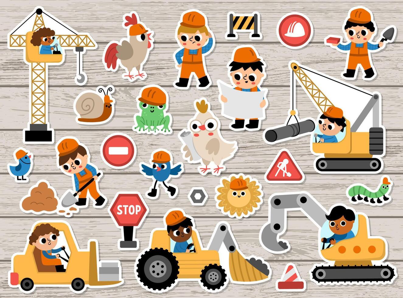 Big construction site and road work stickers set. Building patches collection with funny kid builders, transport, bulldozer, tractor, truck, crawler crane, animals on wooden background vector