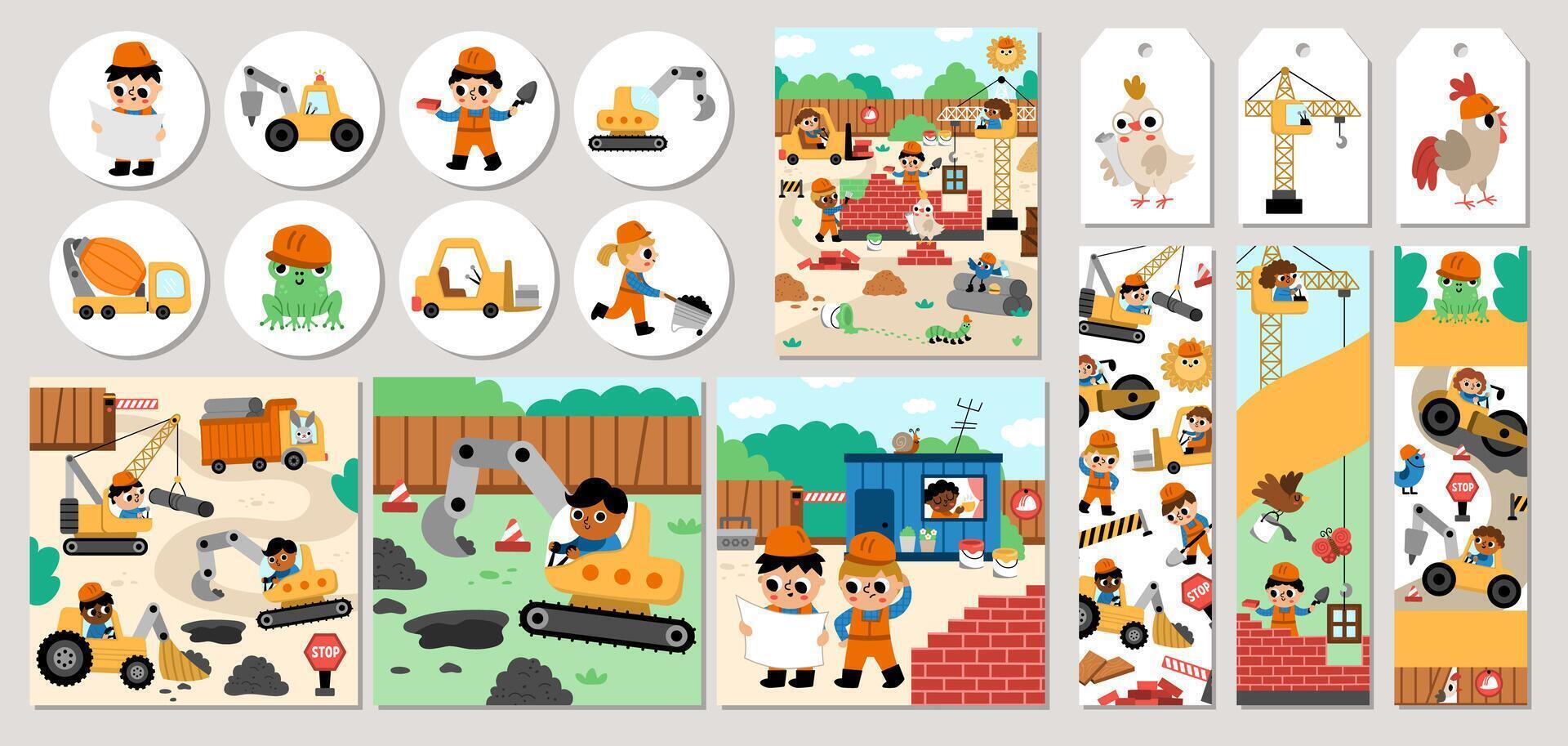Cute construction site and road work cards set with funny kid builders, transport, bulldozer, tractor, truck, crawler crane, animals. building works square, round, vertical print templates vector