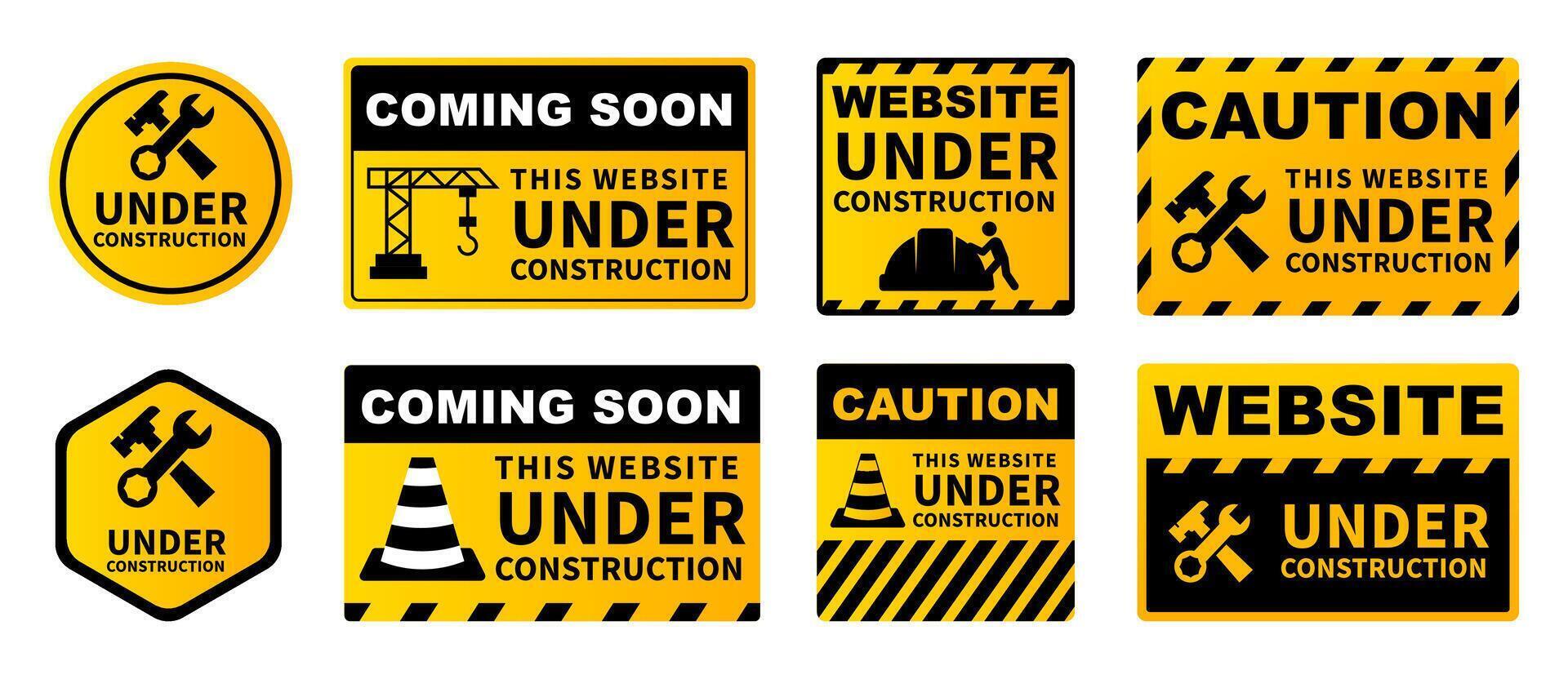 Website Under Construction Signs Set. Caution and Coming Soon Labels. Construction Badges vector