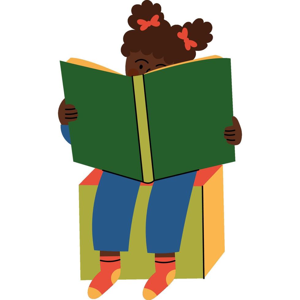 Little girl reading a big book. Girl sitting and reading a large book. Learning and education in childhood. vector