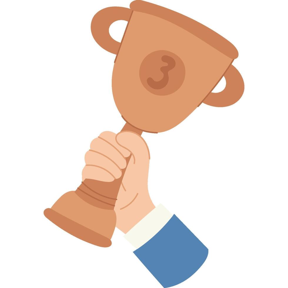 Hand holding a bronze winner's trophy. Hand raising a bronze trophy with a number three symbol, representing success, achievement, victory, and championship. vector