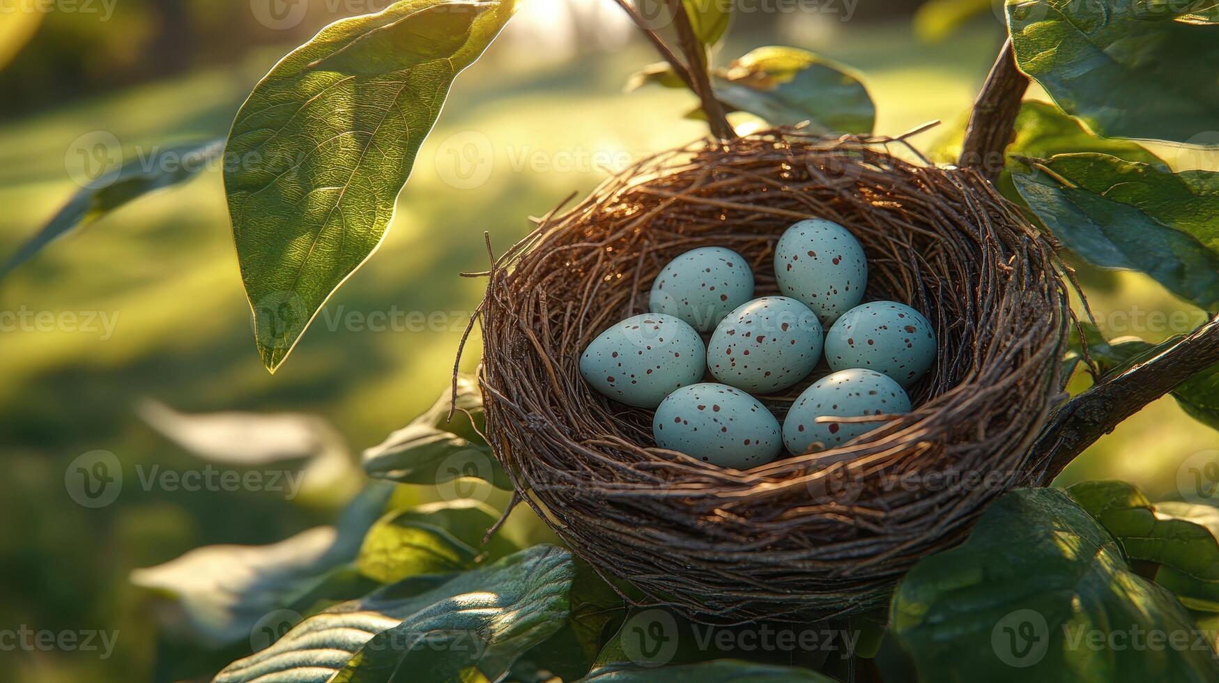A bird nest with eggs on a tree photo