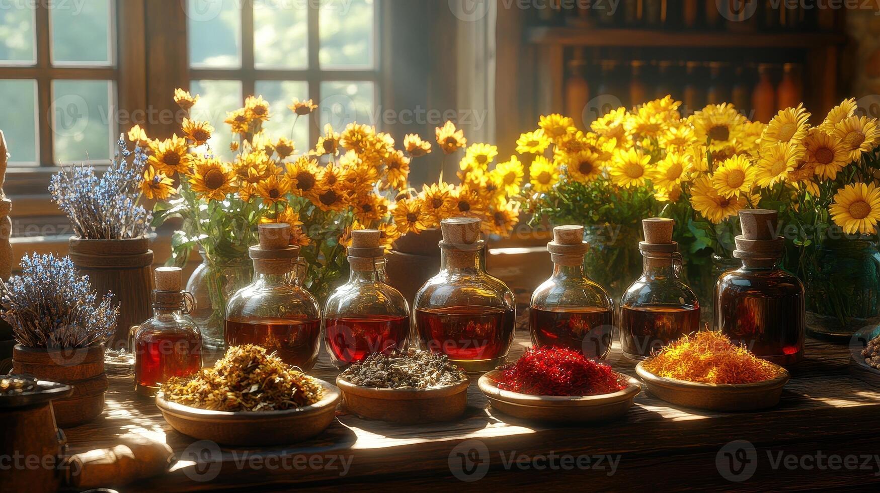 A table with various types of flowers and herbs photo