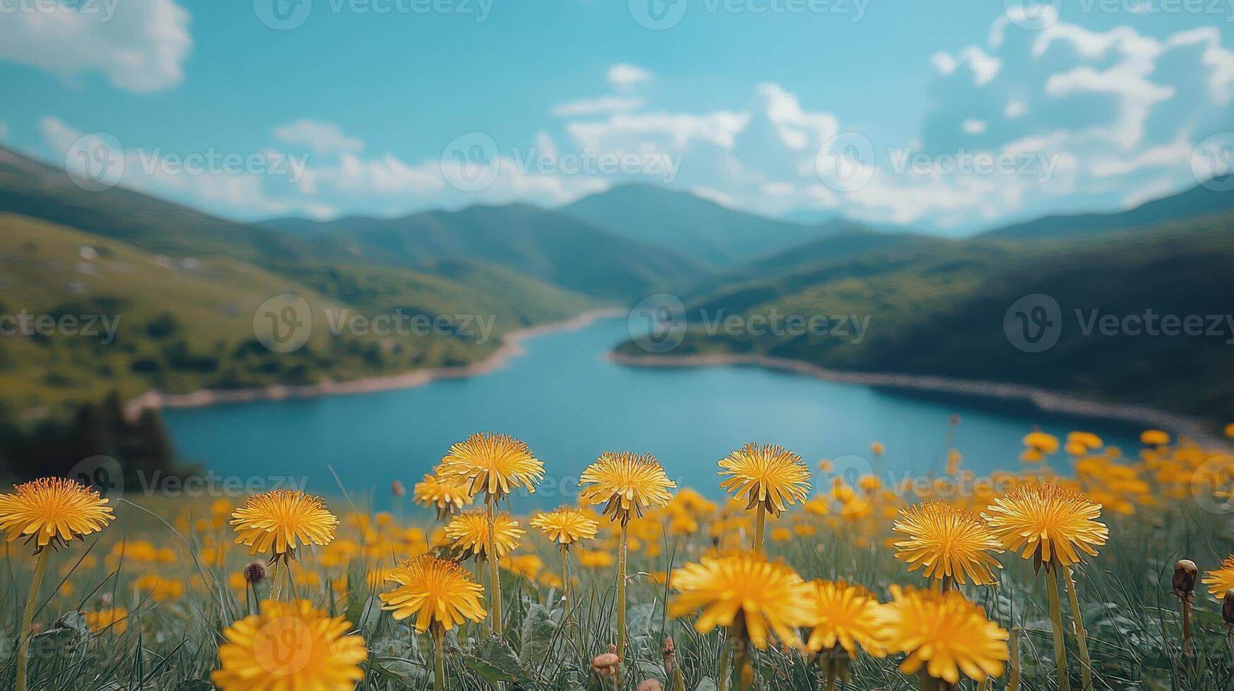 Dandelions blooming near mountain lake, sunny day photo