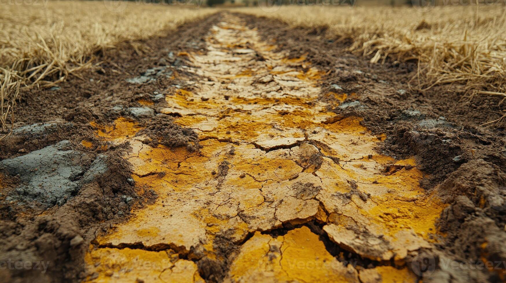 Dry field, tractor tracks, cracked earth, rural landscape, agriculture photo