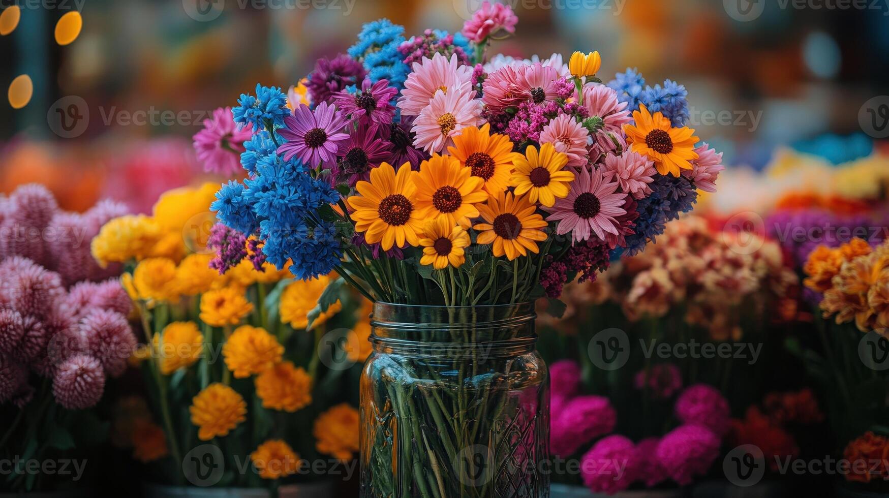 Colorful flower bouquet in jar, market stall, autumn photo