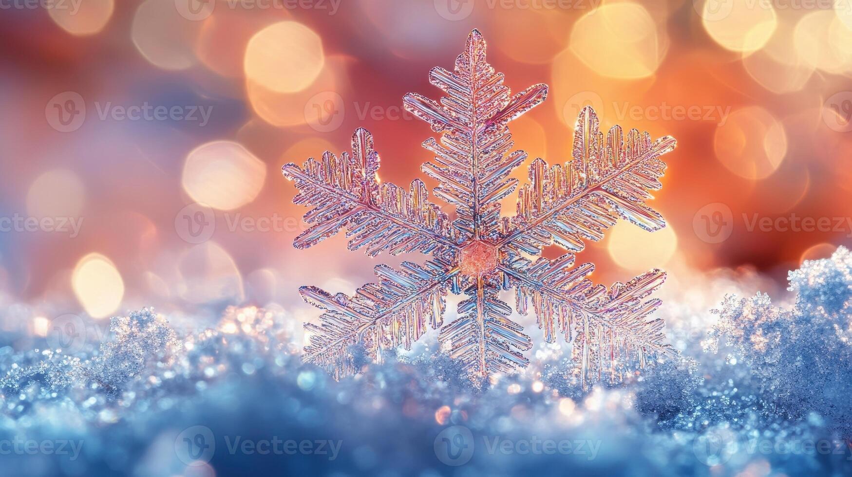 Intricate snowflake on snow, bokeh lights, winter holiday card photo
