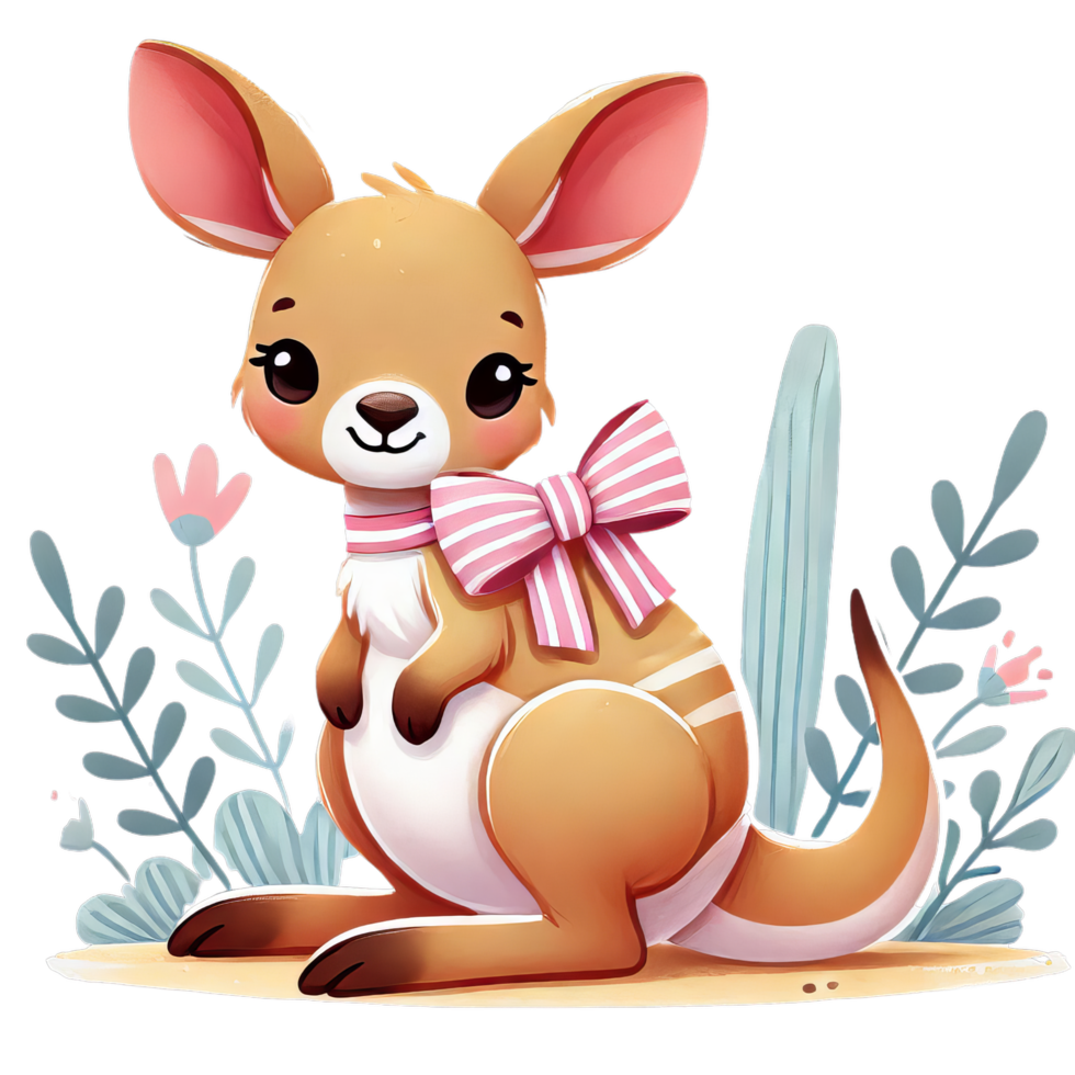 A cute cartoon kangaroo sitting with a pink and white striped bow tie and floral background design png