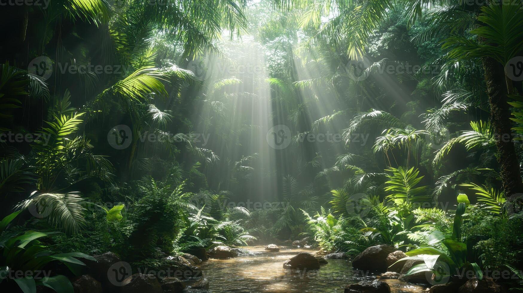 Sunbeams in lush rainforest tranquil stream, dense foliage photo