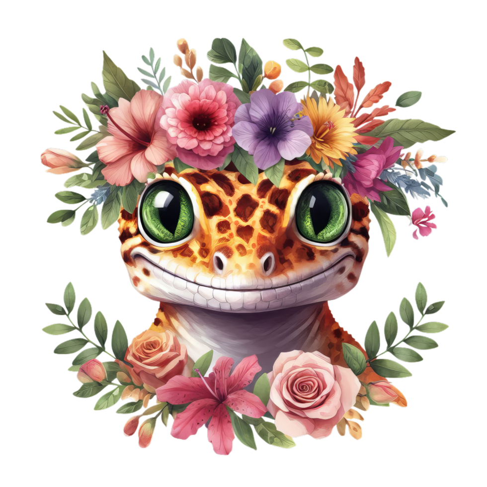 A charming leopard gecko with big green eyes adorned with a colorful floral crown and leafy accents png