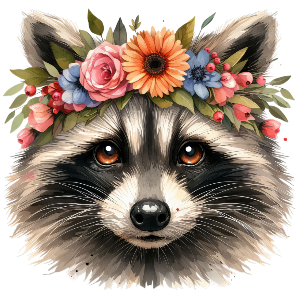 Raccoon portrait with flower crown digital art featuring soft colors and detailed fur texture close up view png