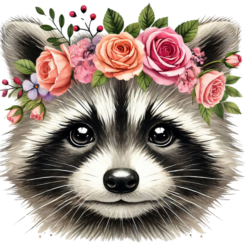 Raccoon portrait with floral crown of roses and greenery in watercolor style close up illustration png