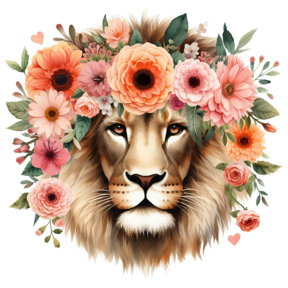 Lion portrait with floral crown, watercolor style, soft colors, detailed fur and flower accents art png