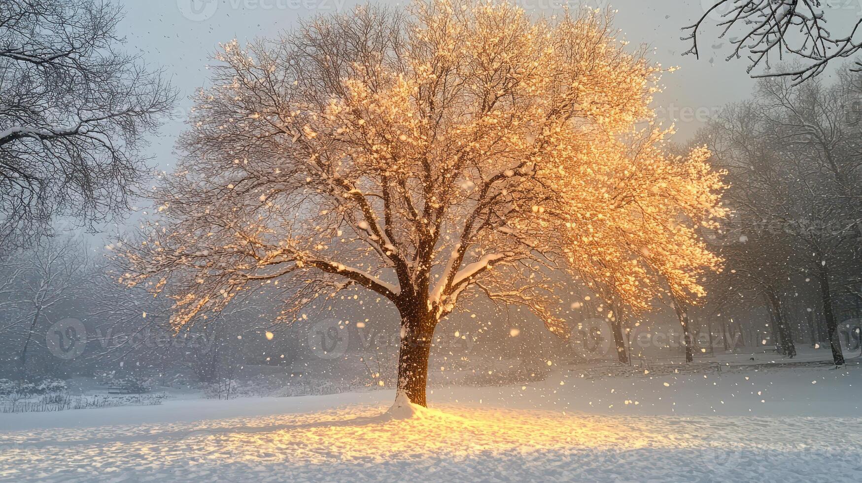 A tree in the snow with light shining from it photo