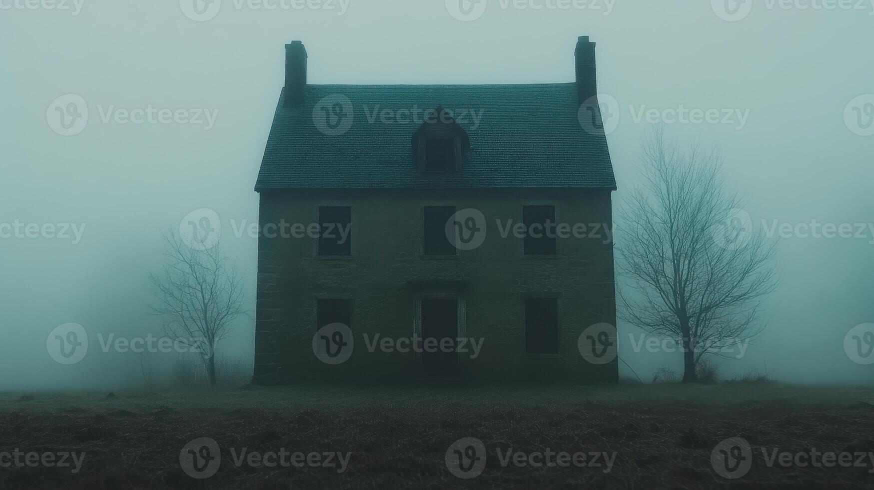 Foggy rural house, eerie atmosphere, mystery, film still photo